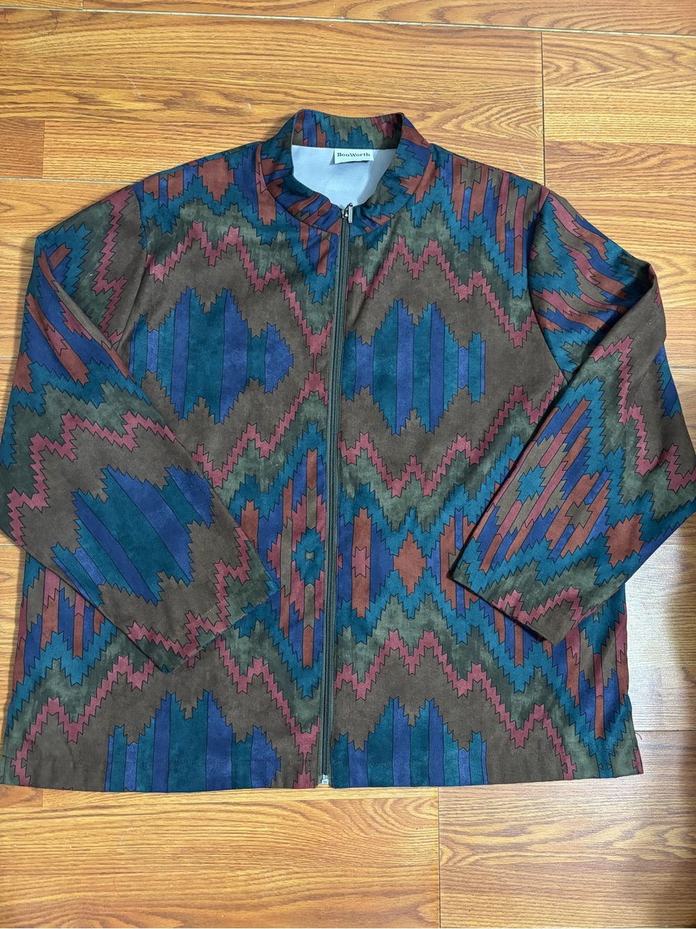 Mens Southwestern Aztec Print Jacket “L” BonWorth Zip Up Tribal Geometric Retro